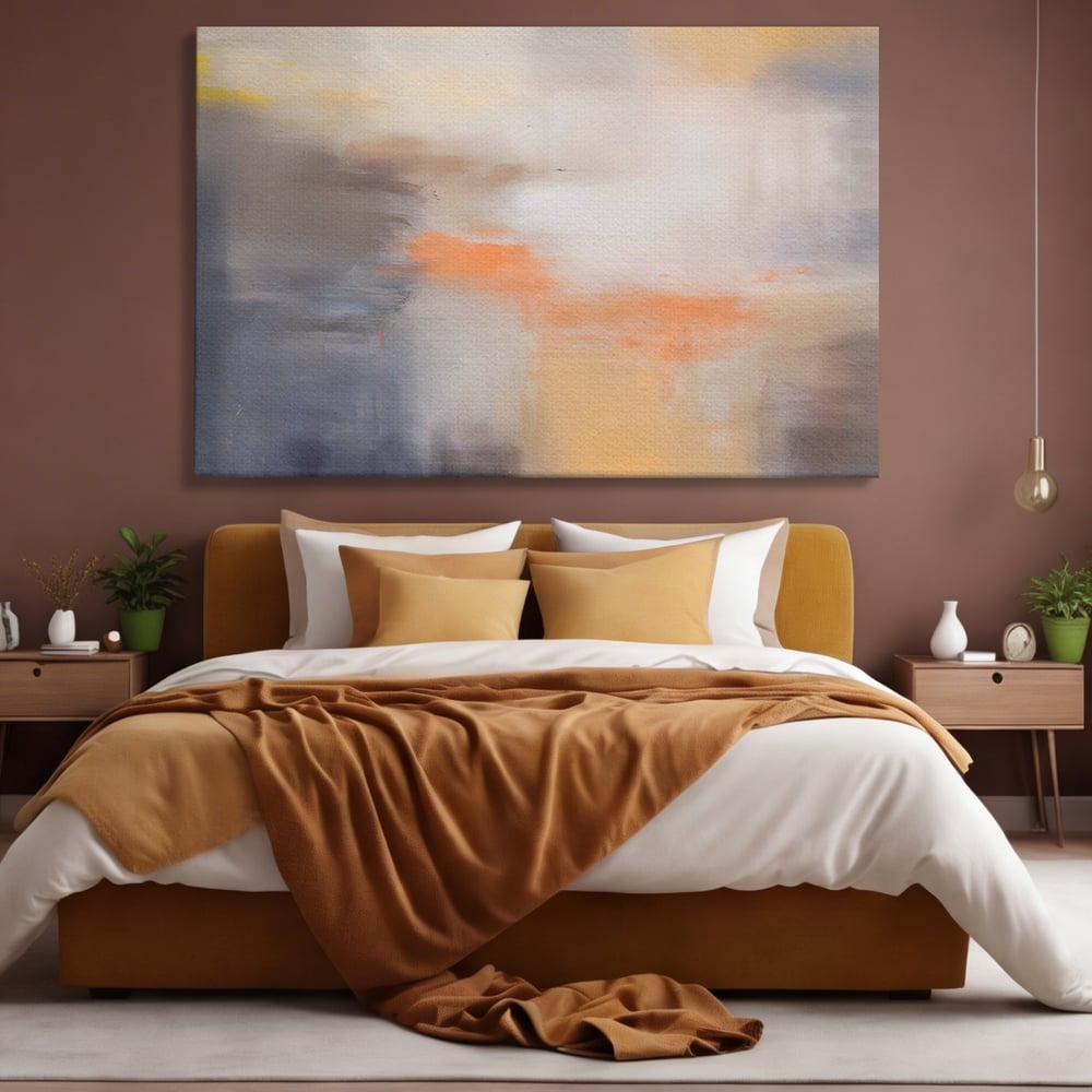 Tablou canvas cu pictura abstracta cu pete portocalii, fara rama, pe sasiu de lemn, pe perete intr-un dormitor